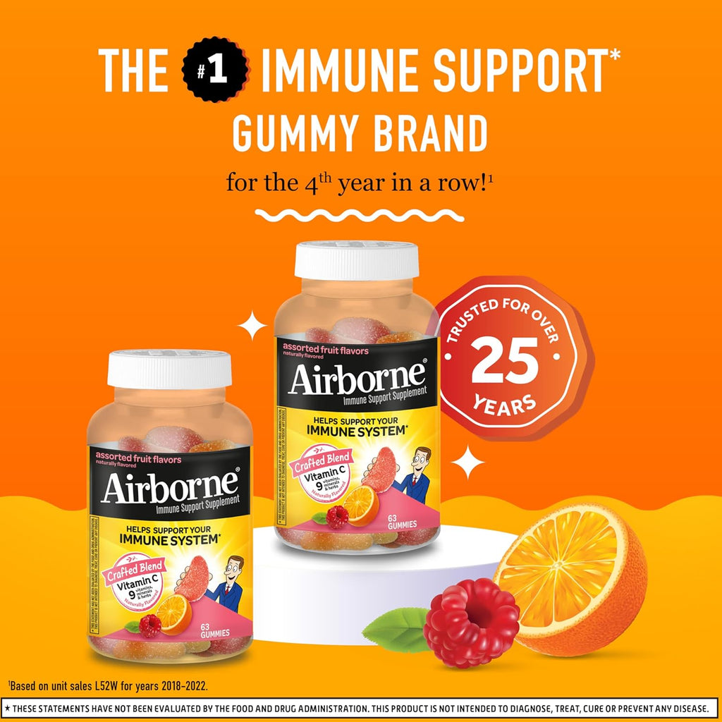 Airborne 750mg Vitamin C Gummies for Adults, Immune Support Gummies with Powerful Antioxidants VIT C & E, Caffeine Free - 2x63ct Bottle (42 Servings), Assorted Fruit Flavor