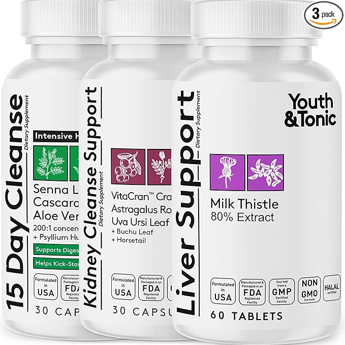 Youth & Tonic 3X Body Cleanse and Detox Pills for Women & Men with Liver, Kidney, Colon Supplements to Support Healthy Functions and for Loss of Unwanted Impurities and Metabolic Waste. 120 Capsules