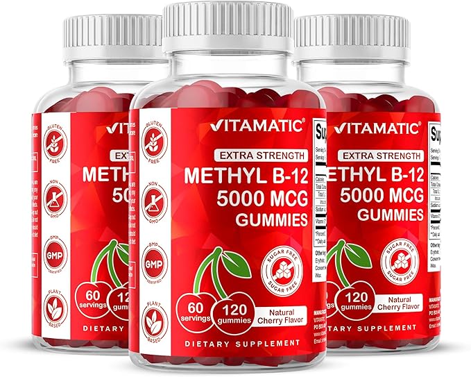 Vitamatic Extra Strength Vitamin B12 5000 mcg (Methyl B12) Gummies - 120 Count - Energy Metabolism Support and Nervous System Health Support, Natural Cherry Flavored (3)