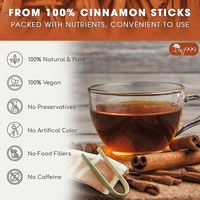 TOG999, Premium 20 Cinnamon Tea Bags, 100% Natural & Pure. Cinnamon Herbal Tea. No Sugar, No Caffeine, No Gluten, Vegan.
