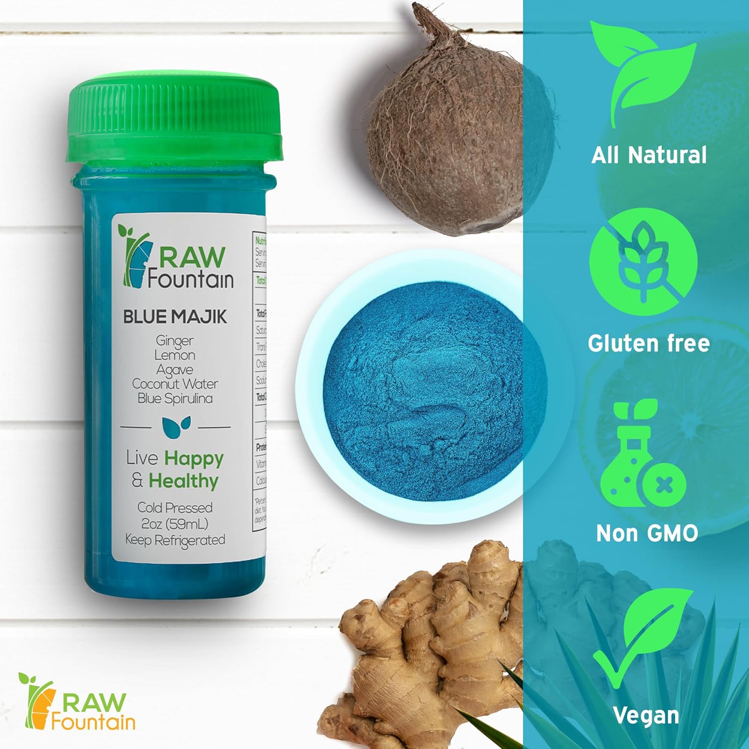 20 Immunity Shots w/Blue Spirulina, Agave, Lemon, Ginger 2fl Oz, Packed w/Vitamin C, Raw, Cold Pressed, Unpasteurized, Boosts Immunity, All Natural, No Artificial Flavors or Preservatives