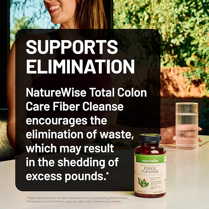 NatureWise Total Colon Care Fiber Cleanse - Natural Laxative Blend - Herbal Laxatives, Prebiotics, & Enzymes for Regularity, Digestion, Weight & Gut Health - Non-GMO - 60 Capsules[30-Day Supply]