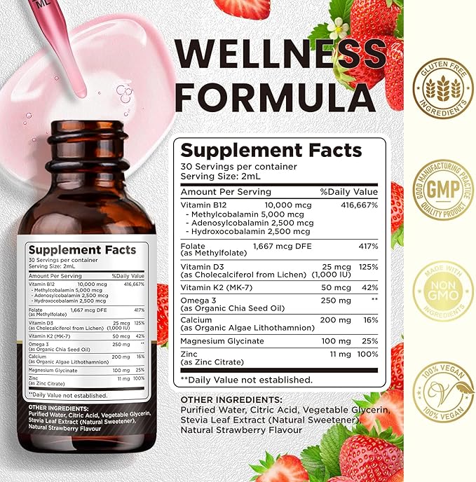 Vitamin B12 Liquid Drops Sublingual 10000 mcg, Triple B-12 Complex Supplement, Methyl & Methylcobalamin Blend for Women & Men, Mood & Energy Booster, Metabolism & Health Support, 2 Pack