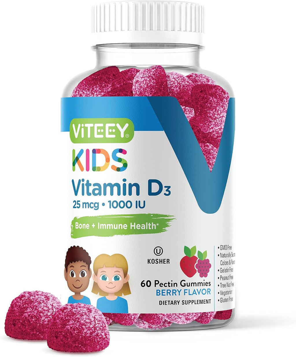 Viteey Vitamin D3 Kids Gummies 25mcg 1000 IU - Bone Health, Immune Health, Joint Muscle Support - Vegetarian, Gelatin Free, Gluten Free, GMO Free - Tasty Chewable Berry Flavored