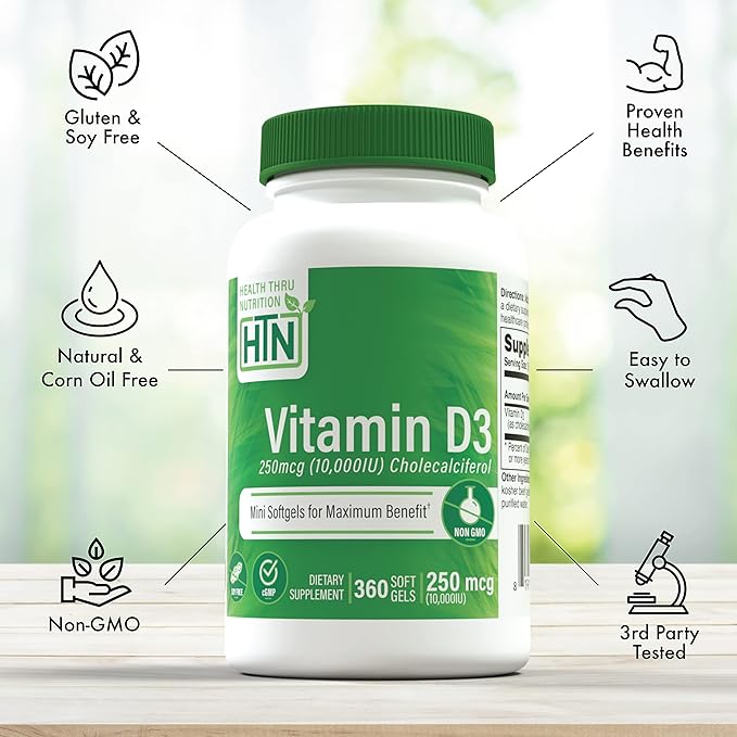 Health Thru Nutrition Vitamin D3 10,000iu 360 Mini Softgels for Maximum Benefit Year Supply | 250mcg Cholecalciferol | 3rd Party Tested | Non-GMO USP Grade in Organic EVOO | Immune Health Support