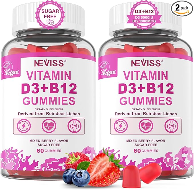 NEVISS 2Pack Vegan Vitamin D3 + Vitamin B12 Gummies, High Potency D3 5000IU & 1000 mcg Methylated B12, Vitamin D3 and B12 for Adults, Support Bone Health, Immune & Energy Supplement, 120 Count