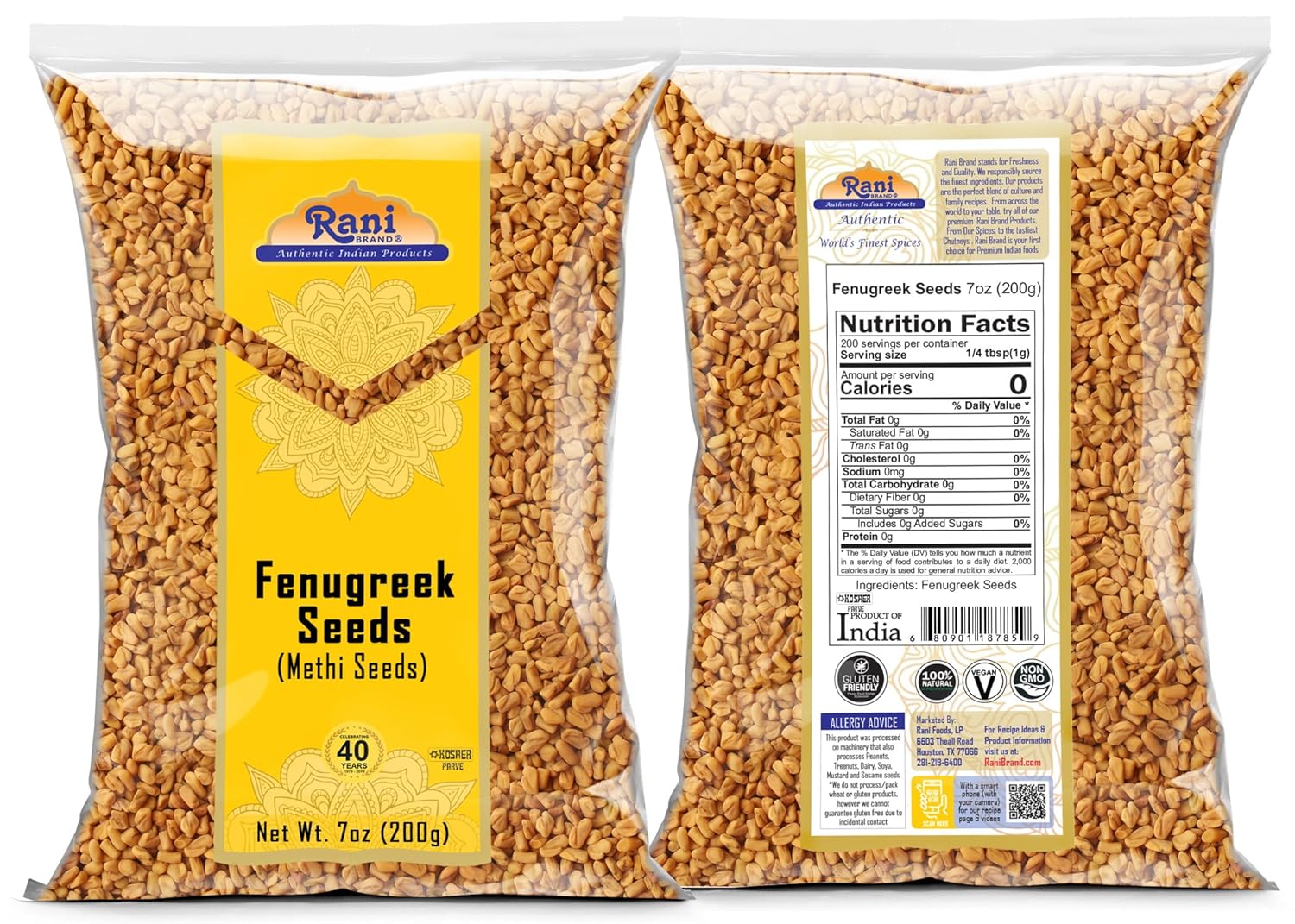 Rani Fenugreek (Methi) Seeds Whole 7oz (200g) Trigonella foenum graecum ~ All Natural | Vegan | Gluten Friendly | Non-GMO | Kosher | Indian Origin, used in cooking & Ayurvedic spice