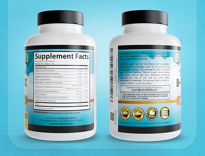 Vitamin B-Complex with Vitamin C – Includes Active B2 (Riboflavin-5-Phosphate), B6 (Pyridoxal-5-Phosphate), B9 (5-MTHF) and B12 (Methylcobalamin); plus B1, B3, B5 and B7 – 100 Capsules (2 Pack)