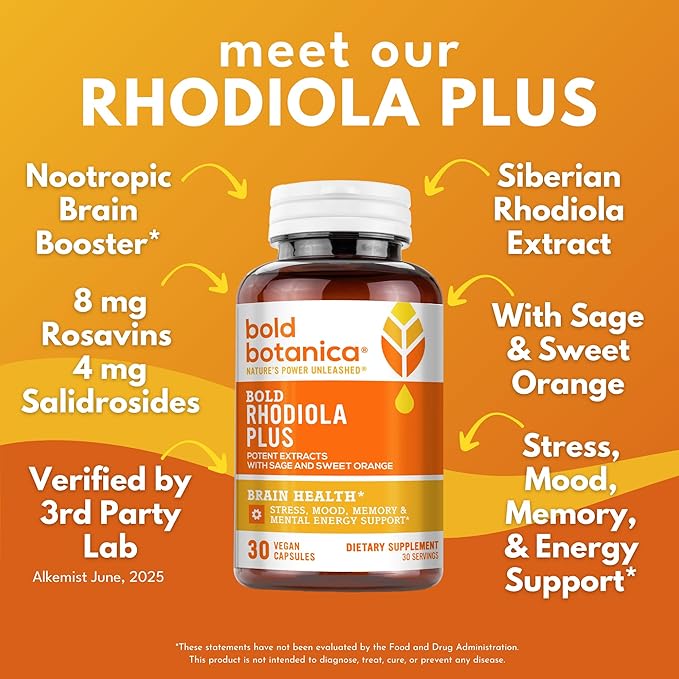 Bold Rhodiola Plus- Siberian Rhodiola Rosea Extract- 3% Rosavins, 1% Salidroside- Adaptogen Supplement for Stress, Memory, Focus, & Energy Support- 30 Vegan Capsules
