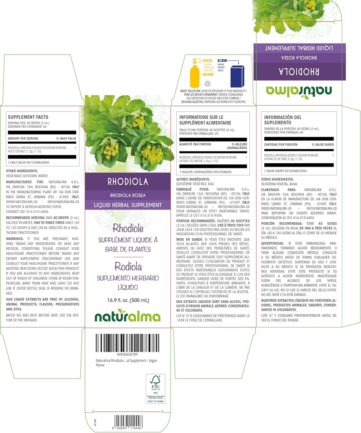 Naturalma Rhodiola rosea (Sedum roseum) Root Alcohol-Free Tincture - 16.9 fl oz Liquid Extract in Drops - Herbal Supplement - Vegan