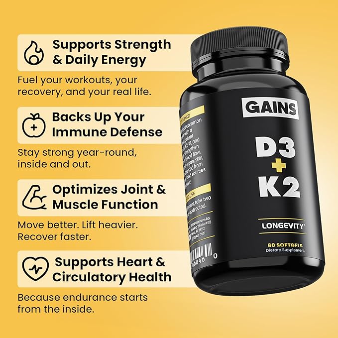 Gains in Bulk D3 K2 Supplement, Vitamin D3 5000 IU, Vitamin K2 100 Mcg, Vitamin A 5000 IU, Algae Oil with Omega 3, Wellness Support for Men & Women, Gluten Free, Vegan, Non GMO, 60 Softgels