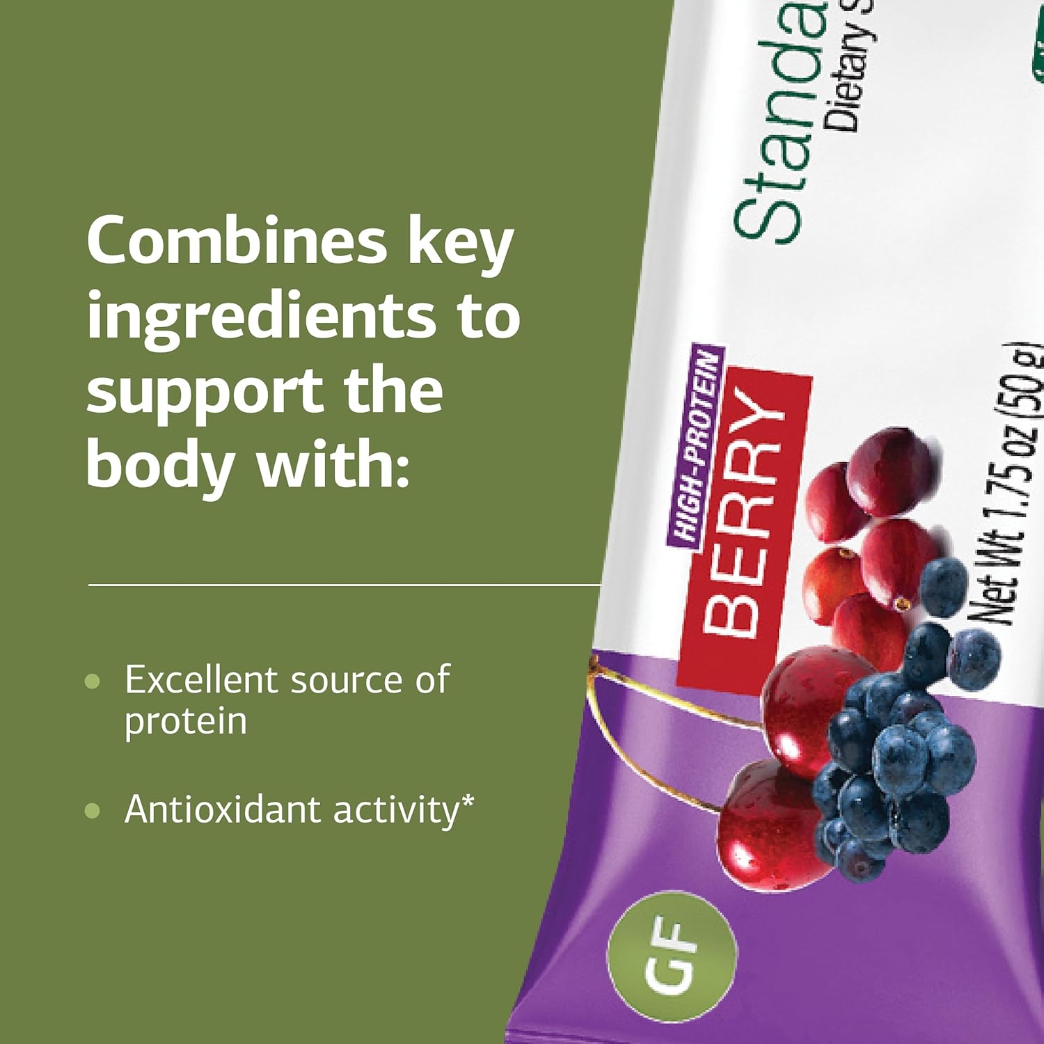 Standard Process StandardBar - Gluten-Free & Vegetarian Protein Bar - Whole Food-Based Bar with Blueberries, Cranberries & Cherries - Offers 10 g of Protein - Berry, 18 Bars