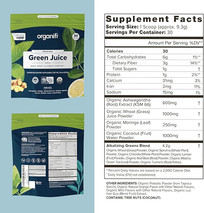 Organifi Green Juice - Powder Supplement with Organic Spirulina, Ashwagandha, and Chlorella - Helps Achieve Fitness Goals and Reduce Cortisol Levels - 3 Pack
