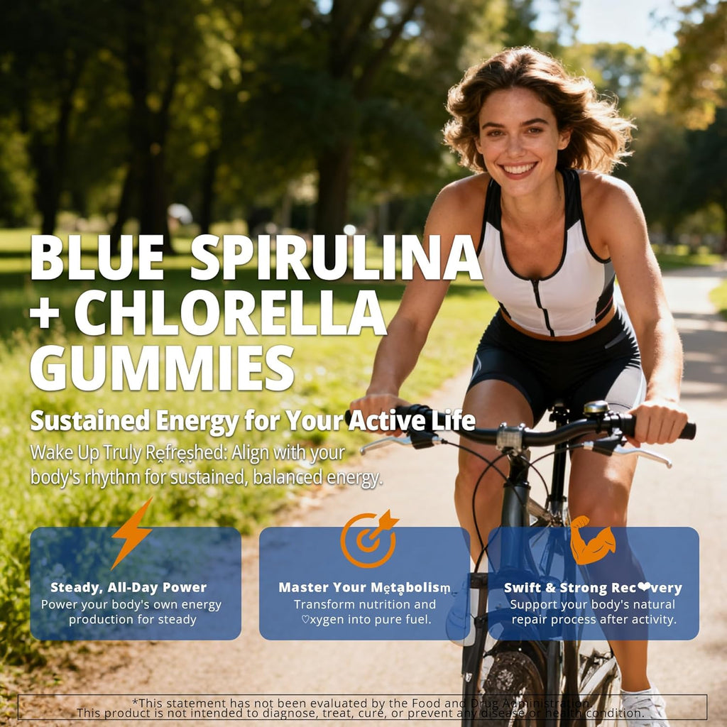 Organic Blue Spirulina Chlorella Gummies, Superfoods & Excellent Source of Vegan High Phycocyanin, Chlorophyll, B-Complex, Essential Minerals for Energy, Antioxidants, Det♡x, Sugar Free, 60 Cts