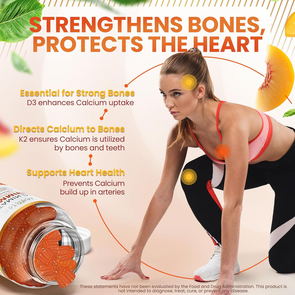 Sugar Free Vitamin D3 K2 Gummies - Vitamin D3 Gummies 5000 IU+K2 MK7 80 mcg, K2 D3 Vitamin Supplement Adults, Vitamin D K2 for Bones, Immune, Heart, Mood, Gluten-Free, Non-GMO, Natural Peach Flavor