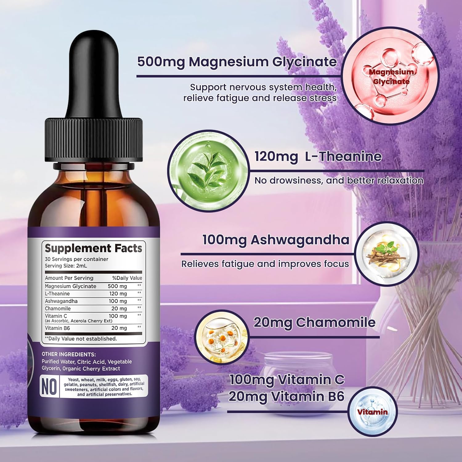 (2 Pack) Magnesium Glycinate Liquid Drops 500mg, with Vitamin B6, Ashwagandha, L - Theanine, Chamomile, Magnesium Glycinate Supplement High Absorption for Sleep, Stress, Energy Mood - Cherry Flavor