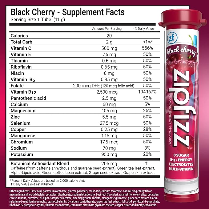 Zipfizz Energy Drink Mix, Electrolyte Hydration Powder with B12 and Multi Vitamin, Black Cherry, 20 Count (Pack of 2)