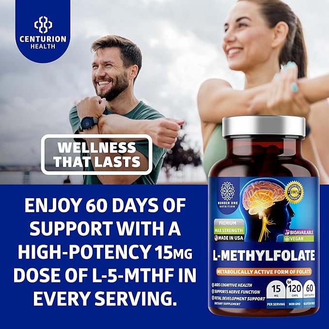Number One Nutrition Premium L-Methylfolate 12.75MG, Extra Strength 5-MTHF Active Methylfolate Supplement for Energy and Cognitive Support, Gluten-Free and Non-GMO, 120 Capsules