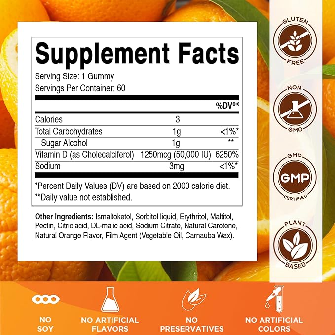 Vitamatic Sugar Free Vitamin D3 50,000 IU Weekly Supplement – 60 Pectin-Based Gummies High-Potency Vitamin D for Bone, Teeth & Immune Support