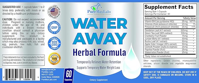 Water Away Gentle Herbal Diuretic - Natural Diuretic Water Pills - Relieve Bloating, Reduce Excess Water Weight with Dandelion Leaf, Green Tea, Detox Cleanse & Urinary Health. Non-GMO, 60 Capsules
