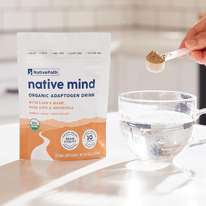 NativePath Native Mind Organic Adaptogen Herbal Support Blend - Organic Mushroom Drink Powder with Lion's Mane, Rhodiola & Rose HIPS - 30 Servings