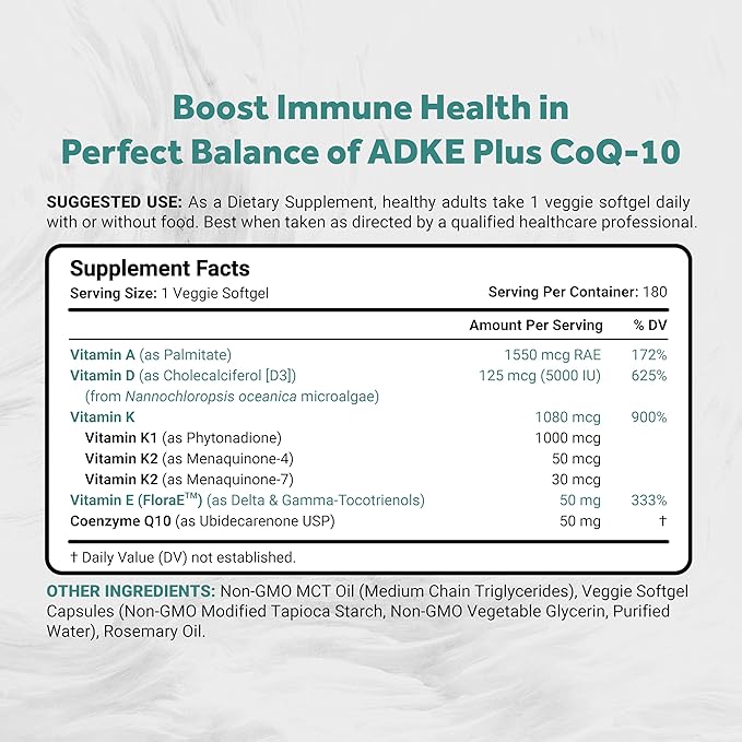 Naturalis Vegan Vitamin ADK with 50mg Tocotrienol and CoQ-10 | Nano-Emulsified in EVOO for Better Absoprtion | Non-GMO, Soy Free and Vegan Society Certified | 180 Veggie Softgels (Carrageenan Free)