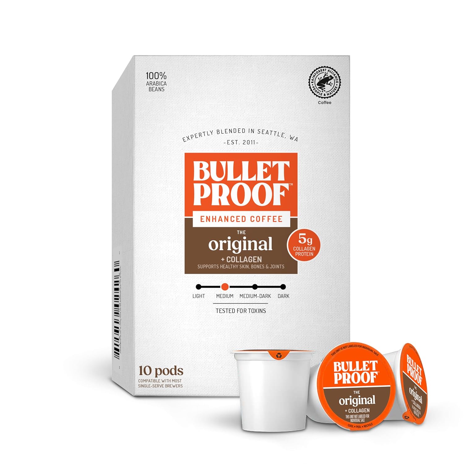 Bulletproof Coffee + Collagen Single-Serve Coffee Pods, 10 Count, 100% Arabica Beans, Clean Coffee Tested for Toxins, Packaging May Vary