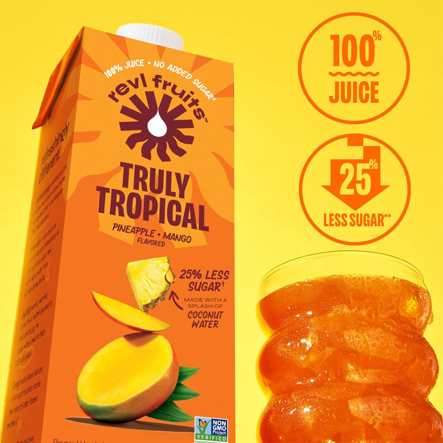 Revl Fruits 100% Juice, No Added Sugar, Pineapple Mango, Truly Tropical, 32 fl oz. Carton