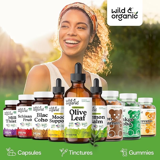 Wild & Organic Olive Leaf Liquid Extract - Olive Leaf Supplement for Immune Support - Oleuropein Liquid Drops - Vegan, Sugar & Alcohol Free Tincture - 4 fl oz