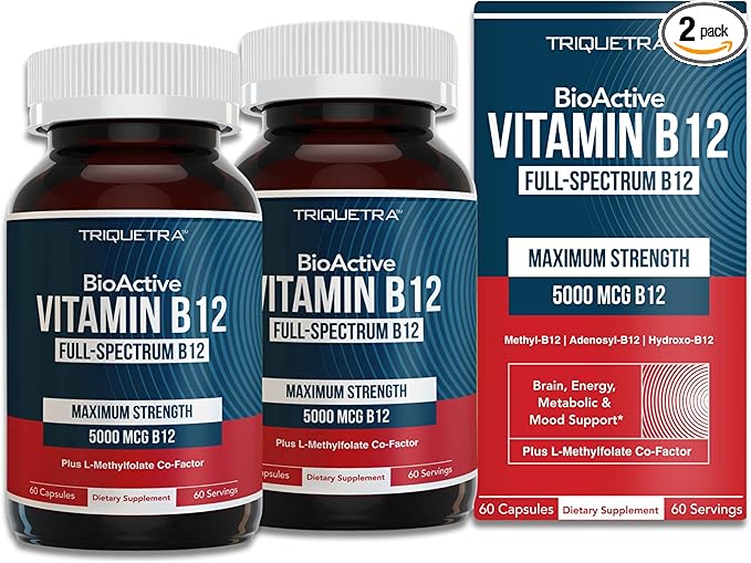 BioActive Vitamin B12 - 5000 mcg, Contains 3 BioActive Forms B12 Plus Methylfolate Cofactor - Methyl and Adenosyl B12 & Hydroxy | Supports Energy, Metabolism & Mood | Vegan, Non-GMO - 2-pack