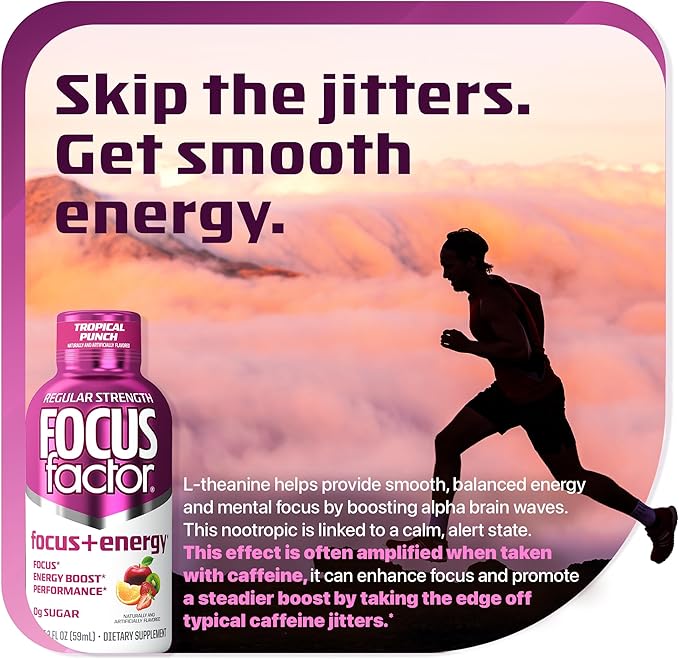 Focus Factor Focus + Energy Shots - 12 x 2oz Bottles (Tropical Punch Flavor) - Powered by Nootropics with Caffeine, L-Theanine, Ginkgo, Bacopa, L-Tyrosine, Alpha GPC