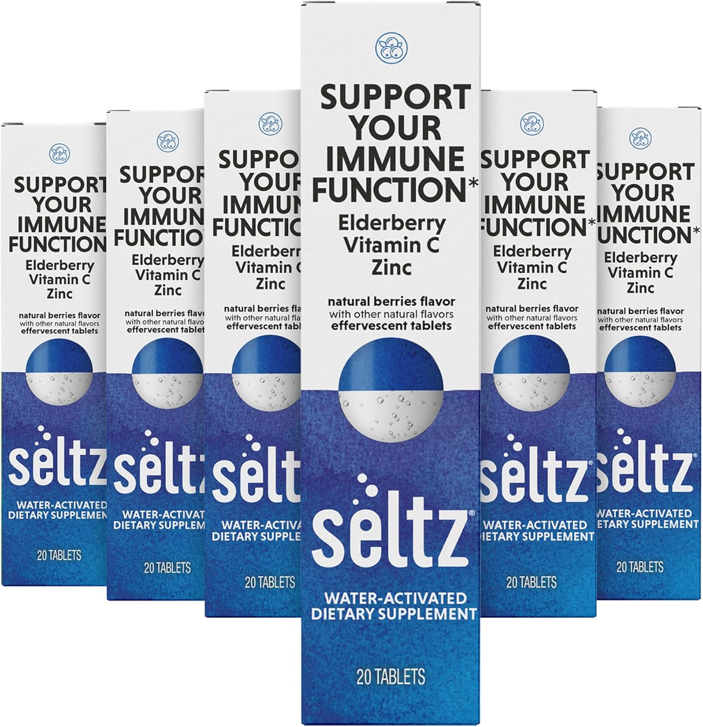 Seltz® Support Your Immune Function – Effervescent Vitamins with Vitamin C, Elderberry & Zinc for Daily Immune Support – Berries Flavor, 20 Tablets (Pack of 6)