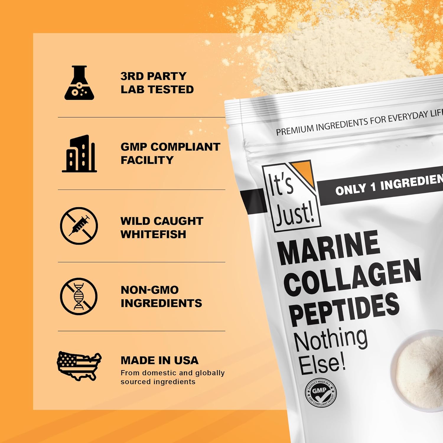 It's Just! - Marine Collagen Peptides Types I & III, Whitefish Source, Tested for Heavy Metals, Gluten Free, Non-GMO, No Added Flavor, Unflavored, 20oz