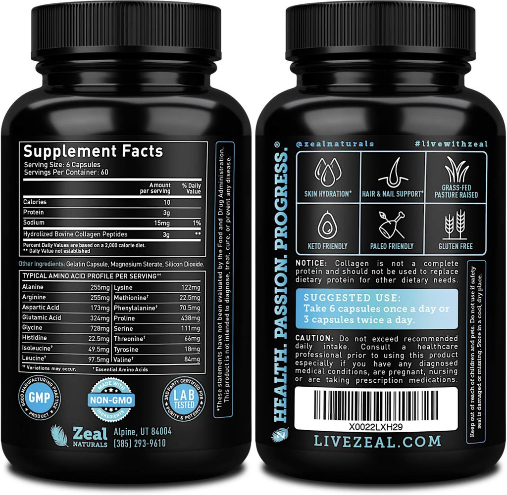 Zeal Naturals Collagen Peptides Collagen Pills (360 Capsules) Grass Fed Collagen Pepetide Powder - Hydrolyzed Collagen Powder for JointTendon SupplementHair Skin and Nails -