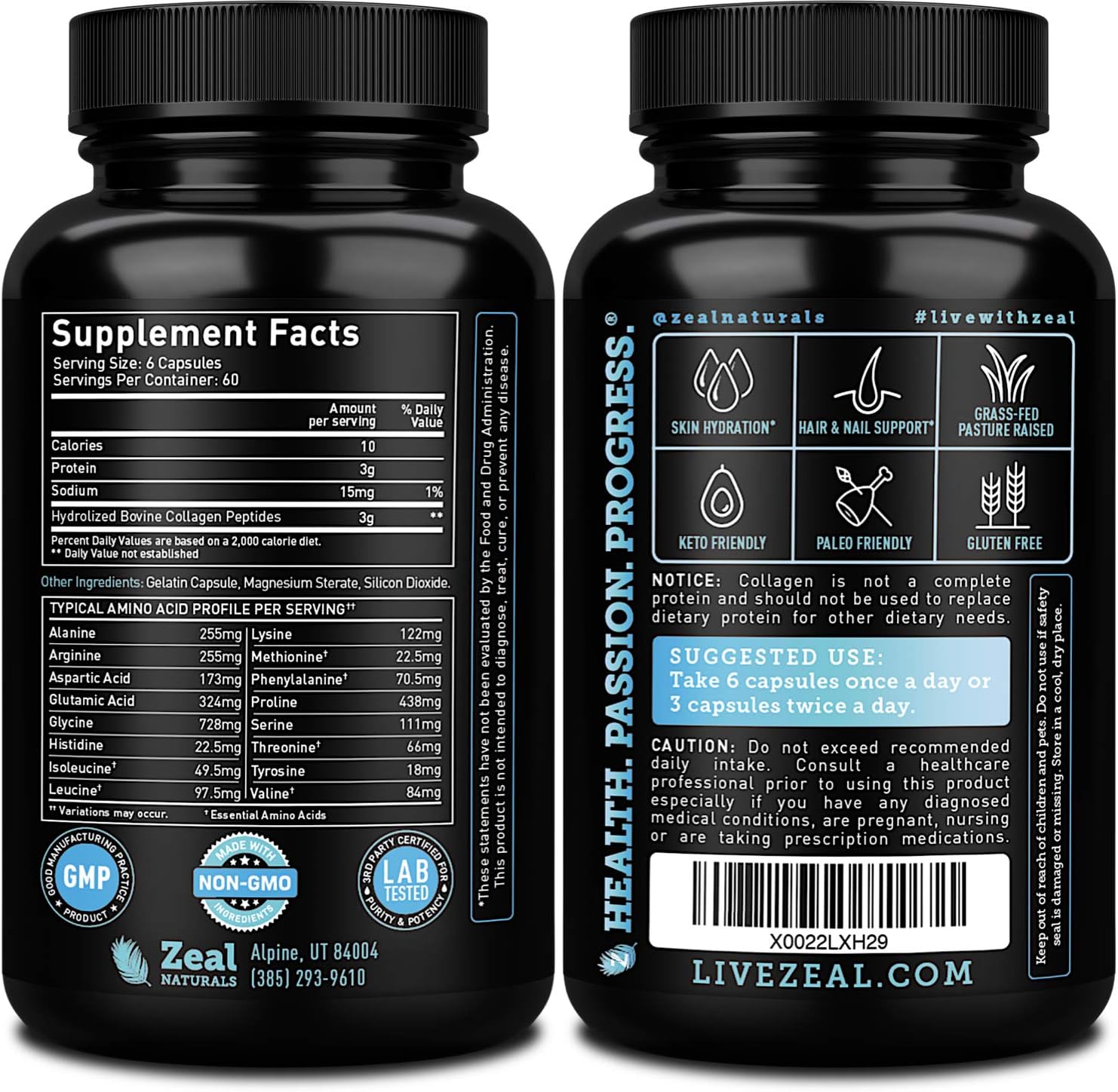 Zeal Naturals Collagen Peptides Collagen Pills (360 Capsules) Grass Fed Collagen Pepetide Powder - Hydrolyzed Collagen Powder for JointTendon SupplementHair Skin and Nails -