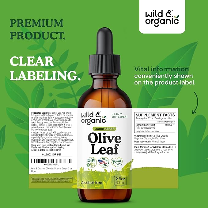Wild & Organic Olive Leaf Extract Liquid Drops - Antioxidant & Immune Support - Oleuropein Olive Leaf Supplement - Vegan, Sugar & Alcohol-Free Drops - 2 fl oz