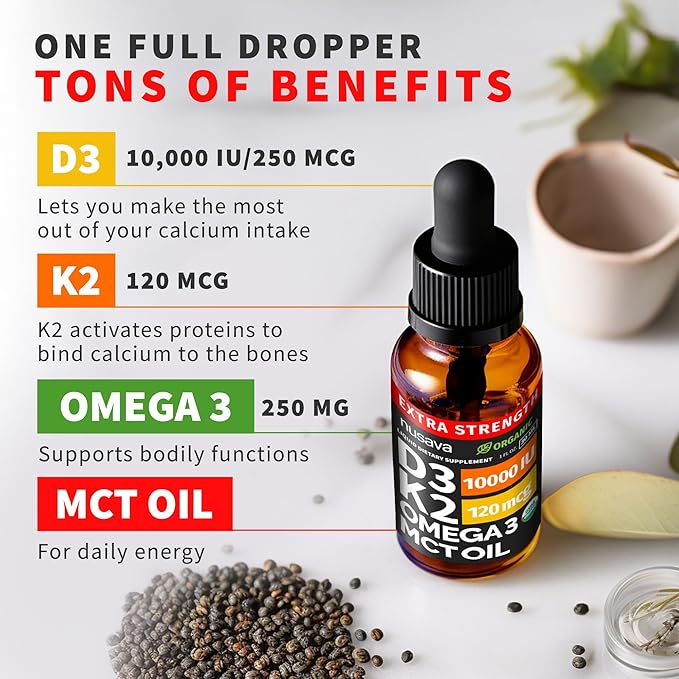 (2 Pack) Extra Strength Organic Vitamin D3 K2 Drops with MCT Oil, Omega 3, 10000 IU - Vitamin D Liquid, No Fillers, Non-GMO D3 for Faster Absorption and Immunity, Unflavored - (2 Fl Oz, 60 Servings)