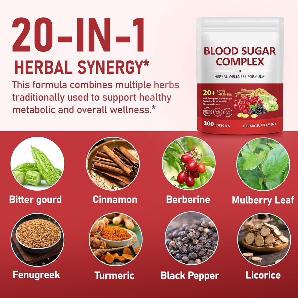 300 Softgels Blood Sugar Complex Supplement | 20+ Active Natural Herbs-Cinnamon, Bitter Melon, Mulberry Leaf, Fenugreek, Berberine, Vitamins for Energy Level, Vitality Support | Clean Ingredients