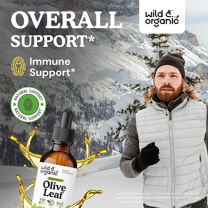 Wild & Organic Olive Leaf Extract Liquid Drops - Antioxidant & Immune Support - Oleuropein Olive Leaf Supplement - Vegan, Sugar & Alcohol-Free Drops - 2 fl oz