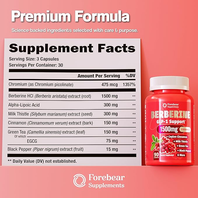 Berberine 1500mg GLP-1 Weight Loss Supplement Pills for Women & Men - Appetite Suppressant with Ceylon Cinnamon, Milk Thistle, Chromium Picolinate, Green Tea & Alpha Lipoic Acid - 90 Veggie Capsules