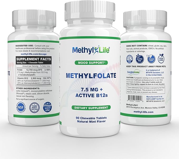 Methyl-Life Pure L-Methylfolate 7.5mg, 3 Months Supply. Pharmaceutical Grade, Professional Strength Active Methyl folate & B12 (as Both Hydroxy B12 and Adenosylcobalamin). Non-GMO. Gluten Free