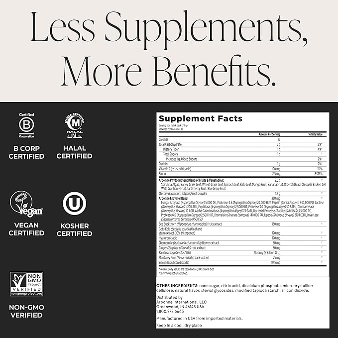 Arbonne GreenSynergy Elixir – Citrus-Flavored Greens Powder with 13 Digestive Enzymes, Vegan Collagen Builder, Probiotics, and Prebiotics – Supports Gut Health and Digestion – 30 Stick Packs