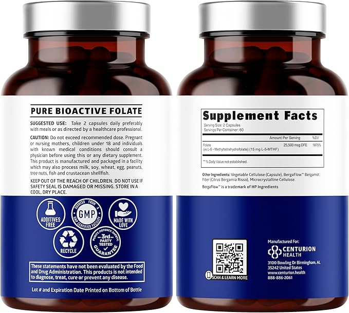 Number One Nutrition Premium L-Methylfolate 12.75MG, Extra Strength 5-MTHF Active Methylfolate Supplement for Energy and Cognitive Support, Gluten-Free and Non-GMO, 120 Capsules