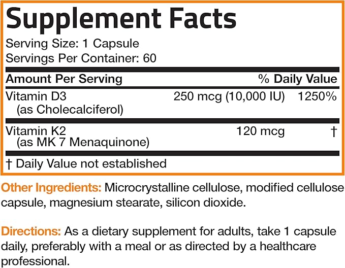 Bronson Vitamin K2 (MK7) with D3 Extra Strength Supplement Bone Health Non-GMO Formula 10,000 IU & 120 mcg MK-7 Easy to Swallow D K, 60 Capsules