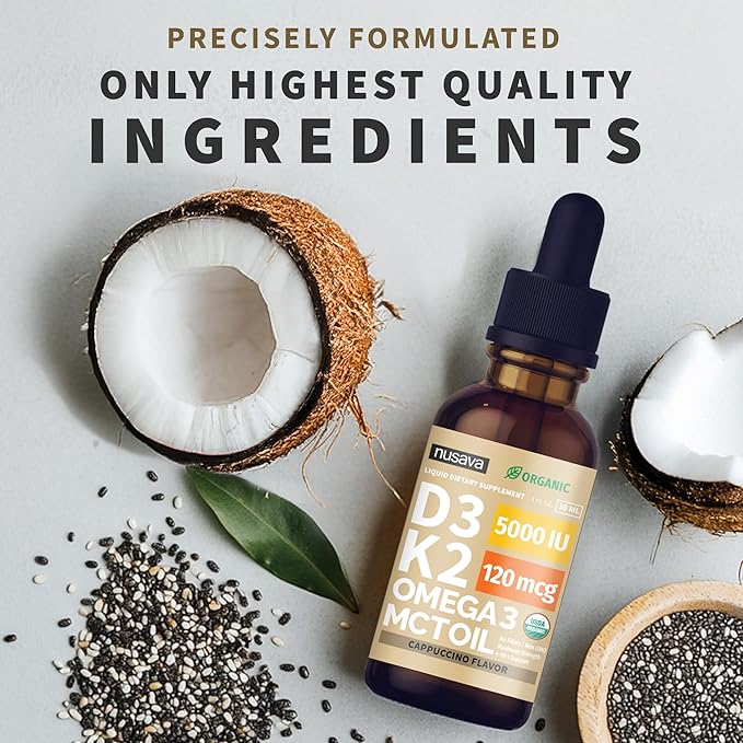 (2 Pack) Organic Vitamin D3 K2 Drops with MCT Oil Omega 3, 5000 IU, Maximum Strength Vitamin D Liquid, No Fillers, Non-GMO Liquid D3 for Faster Absorption, Immune Support (Peanut Butter, 2 Fl Oz)