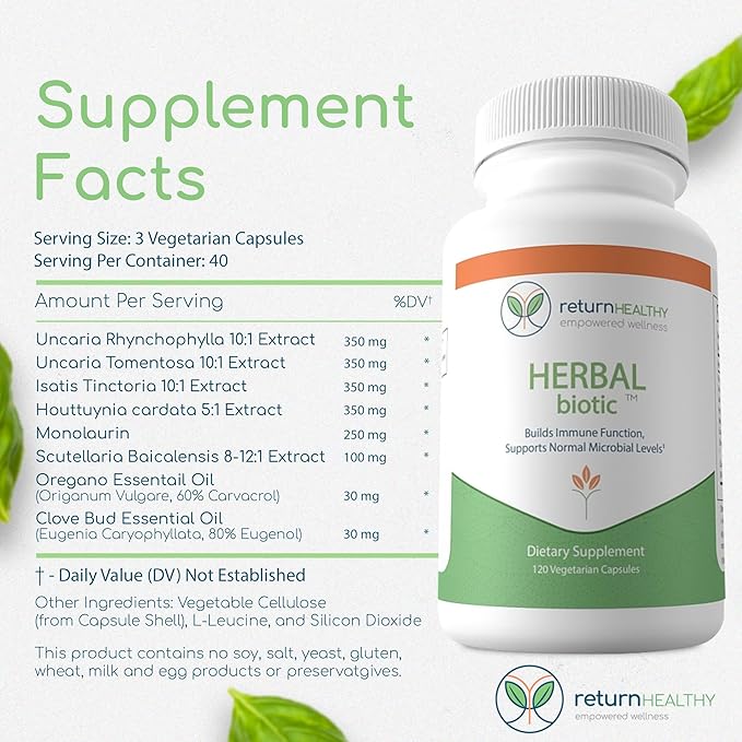 Herbal Biotic, Immune Support Vitamins, Natural Immune System Booster for Adults, Immune Support Supplement Enriched with Cat’s Claw for Probiotic Balance, Digestive Health, 120 Vegan Capsules