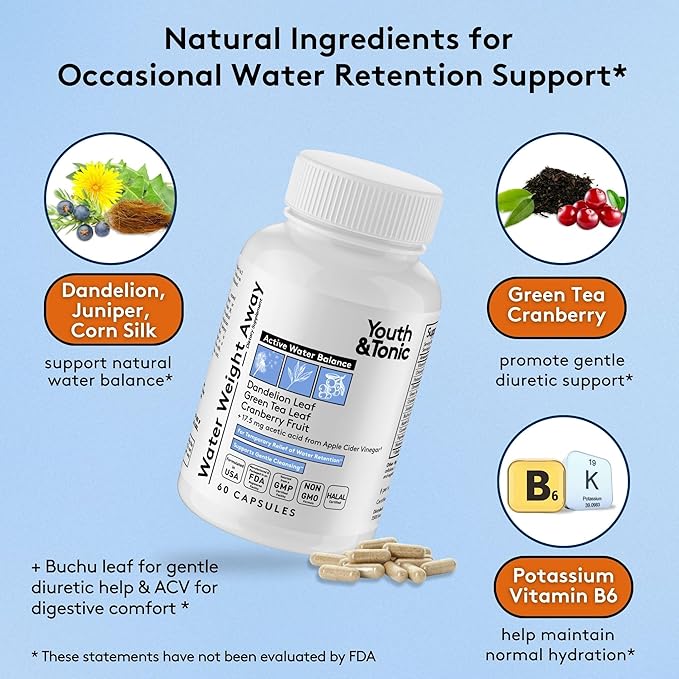 Youth & Tonic Water Weight Away – Herbal Diuretics for Water Retention & Bloating Support – with Potassium & Vitamin B6 for Fluid Balance – 60 Pills for Belly Bloat, Leg & Feet Swelling Support