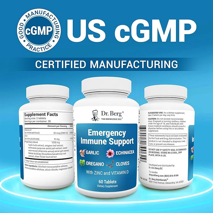 Dr. Berg Emergency Immune Support w/Echinacea - Potent Blend of Herbal Extracts (Warning: Strong Herbal Smells) - Immune Support Supplement Includes 2,000 IUs of Vitamin D & 10mg of Zinc - 60 Tablets