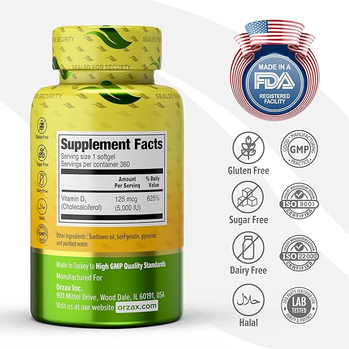 ORZAX Vitamin D3 5000 iu (125 mcg) – Non-GMO, Gluten Free, Sugar Free, Dairy Free – 1 Year Supply for Strong Muscle Function & Immune Support – Mood Supplement for Wellness (360 Softgel)
