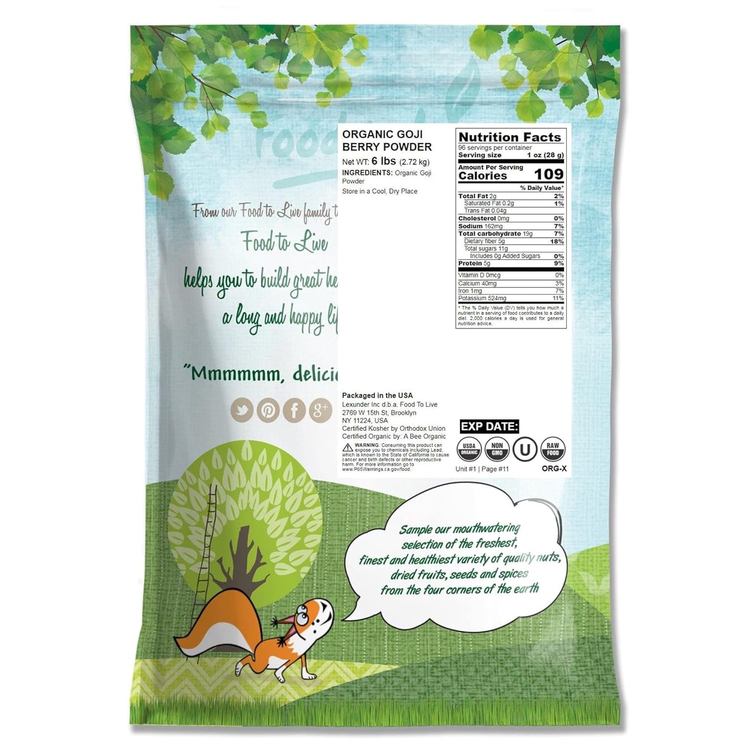 Food to Live Organic Goji Berry Powder, 6 Pounds – Non-GMO, Kosher, Raw, Vegan, Bulk, Contains Maltodextrin